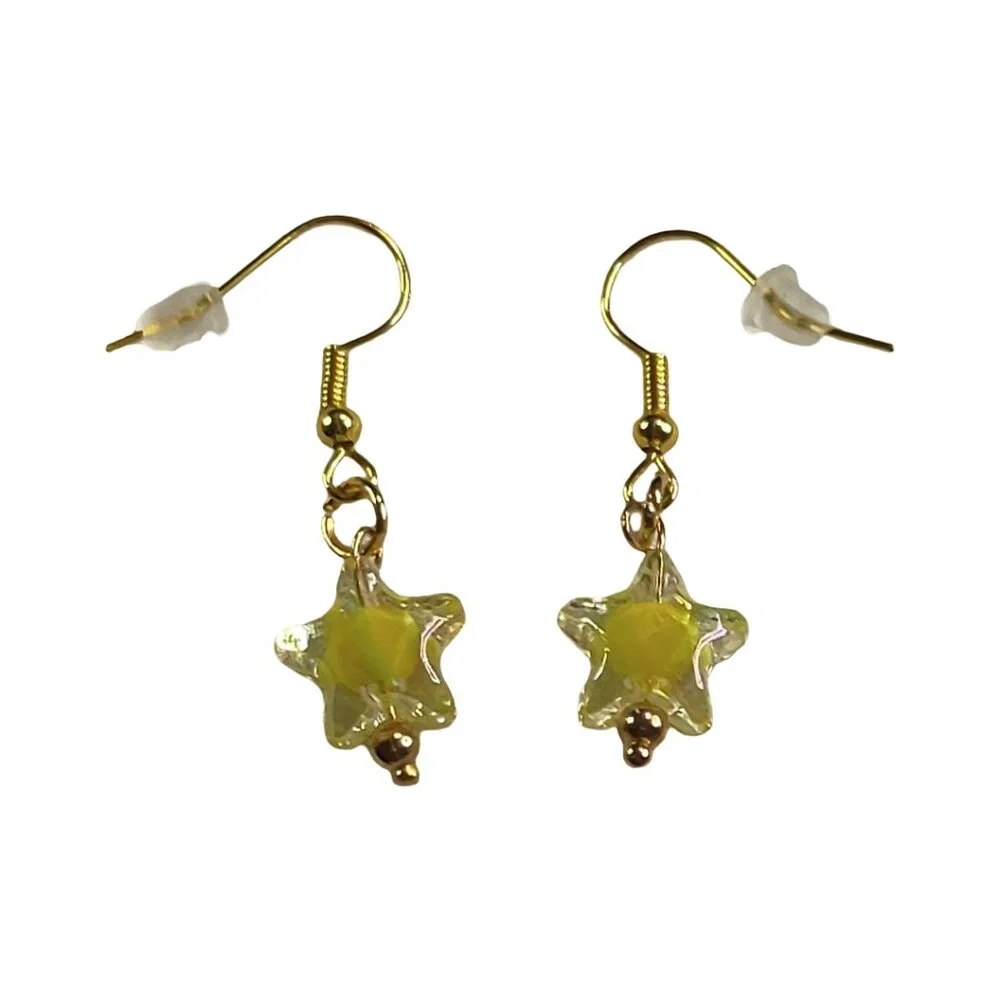 NEW Handmade/Homemade Pastel Yellow Bead in Clear Star on Gold Drop Earrings